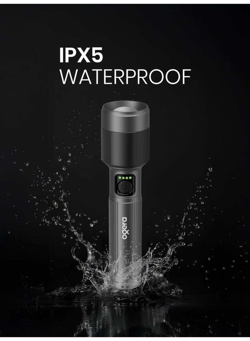 أوجيرا كشاف LED قابل لإعادة الشحن | إضاءة ليزر عالية القدرة 35 واط | سطوع 2000 لومن | مدى إضاءة طويل 3000 متر | شحن USB Type-C | مقاوم للماء IPX5 | خاصية الزوم ووضع SOS للطوارئ | أسود - Image 5